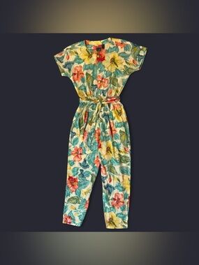 Vtg 80s Tropical Multicolor Floral Print Belted Short Sleeve Jumpsuit by Lizwear